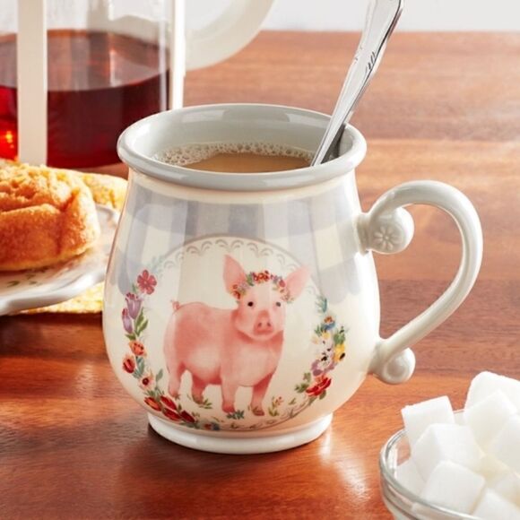 🦋 New Pioneer Gray Gingham Pig Ceramic 15-Ounce Mugs, Qty 4 - Picture 5 of 7